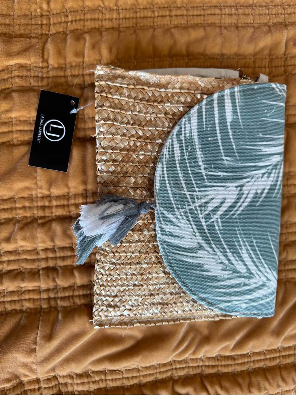 Sage Palm Straw Clutch with Tassel